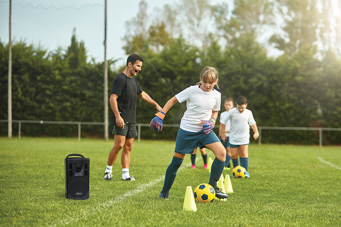 playing soccer with sound amplification